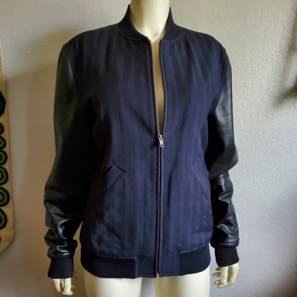 Louis W APC Navy Bomber Jacket Leather Sleeves - Picture 11 of 11